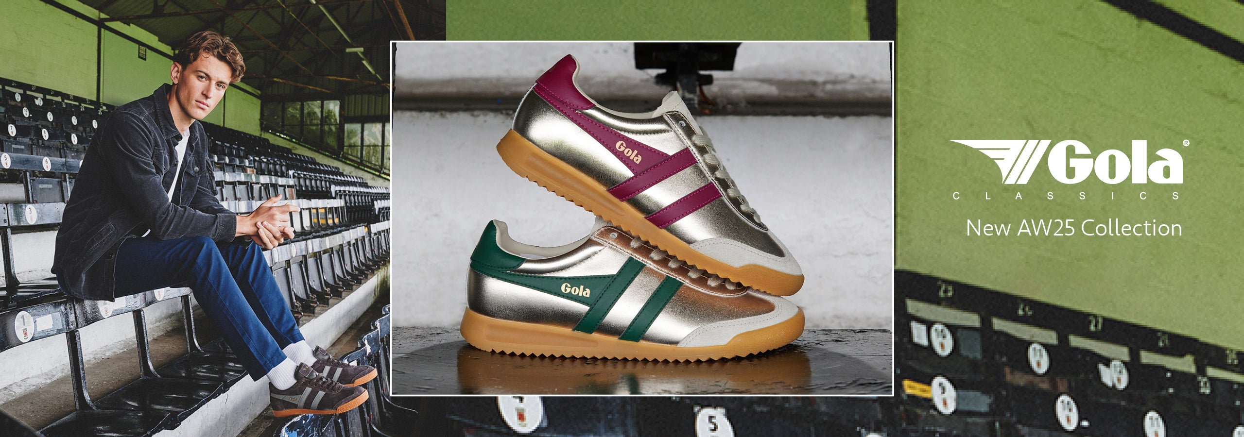 Gola Classics - New AW25 Collection - Image of a man wearing Gola trainers alongside a shot of some Gola trainers on a surface