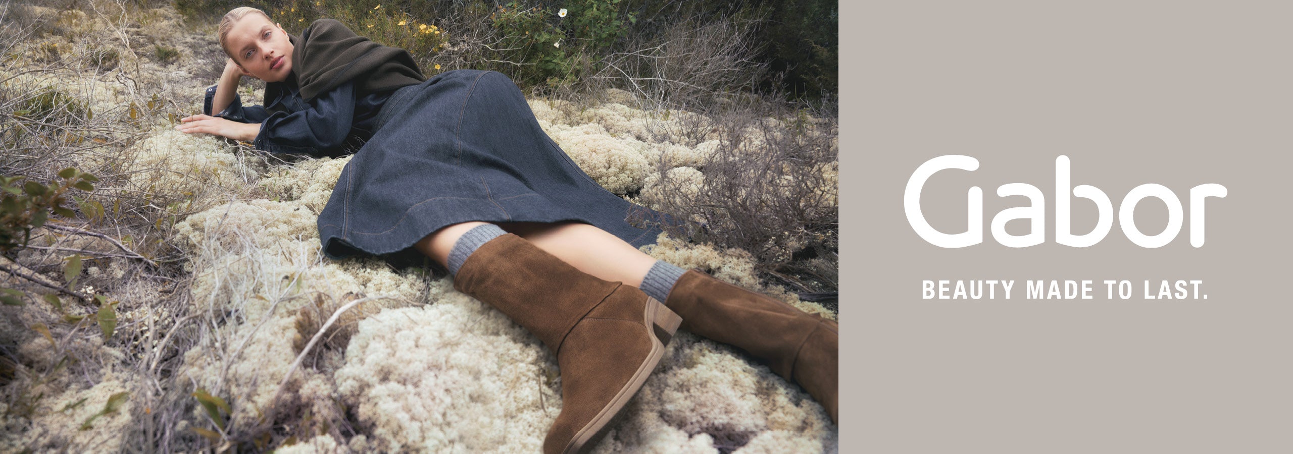 Image of a woman wearing brown Gabor boots, with the Gabor logo and text saying 'Beauty made to last.'