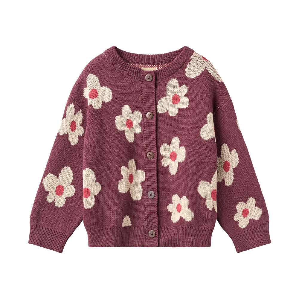 Wheat 0542-560-GOTS Jacquard Cardigan Alvilda 3118 Eggplant