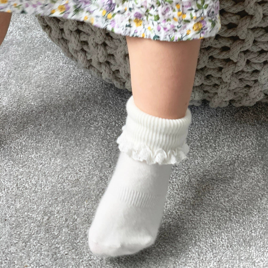 The Little Sock Company Frilly Non-Slip Stay-On Baby and Toddler Socks - Pearl White