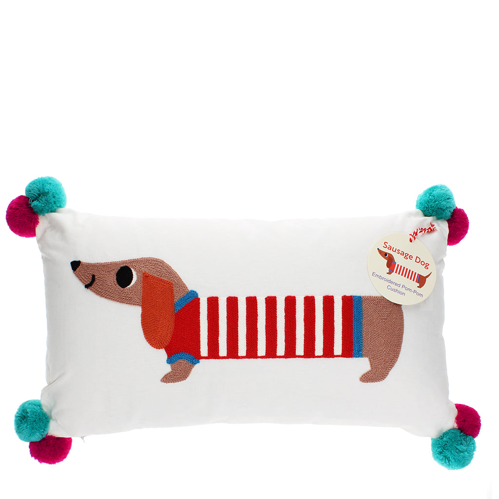Rex London Embroidered Cushion With Pom Poms - Sausage Dog - 31195