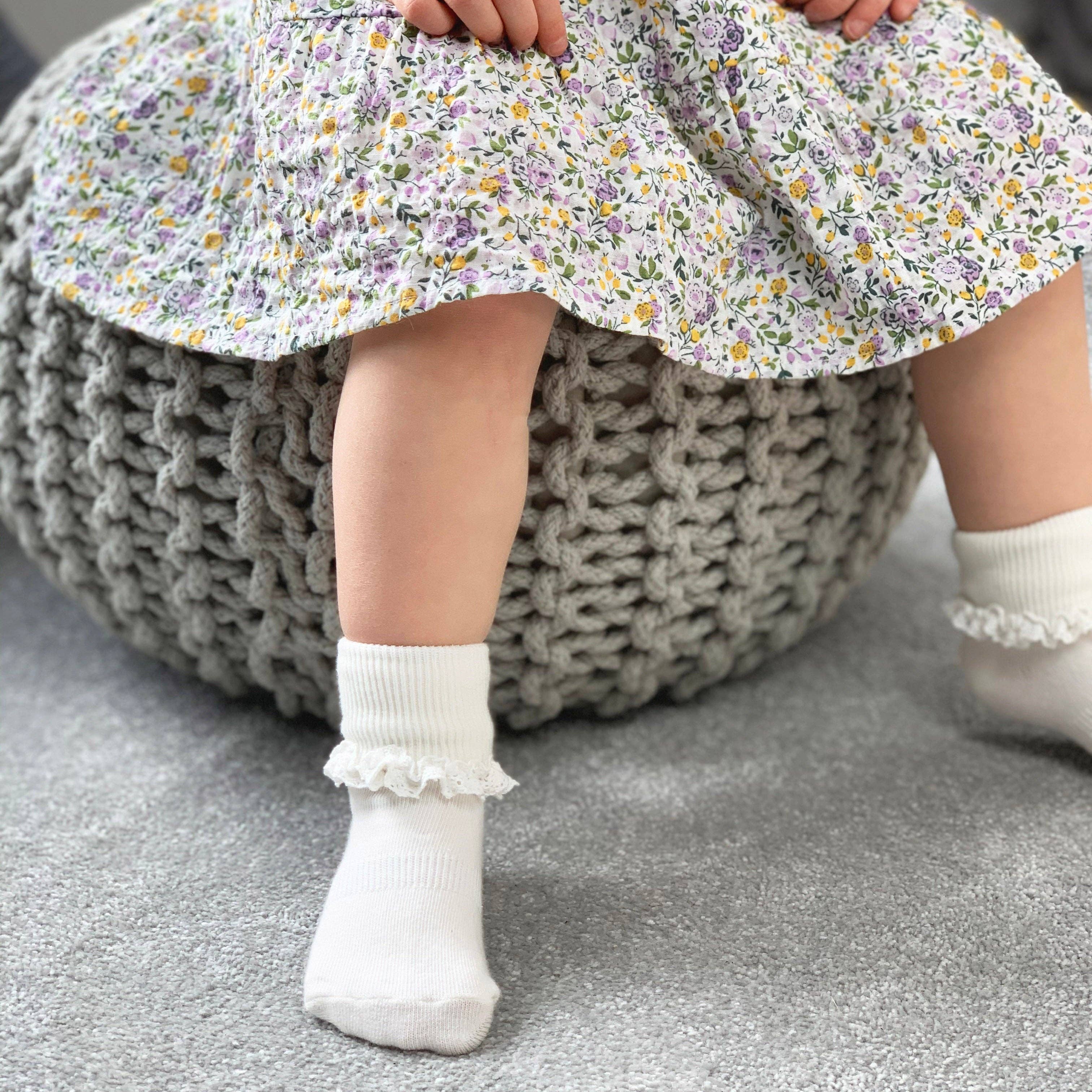 The Little Sock Company Frilly Non-Slip Stay-On Baby and Toddler Socks - Pearl White