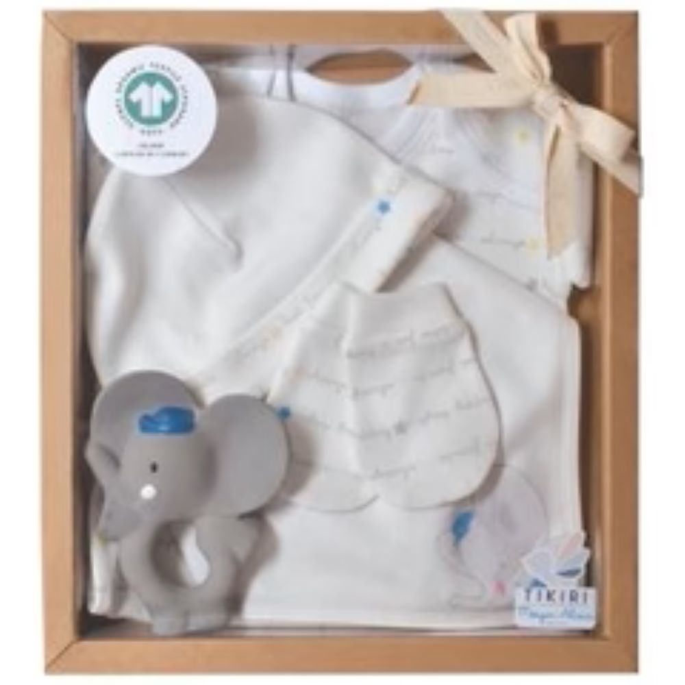 Tikiri Alvin The Elephant New Born Baby Gift Set (Body Suit/Hat/Bib/Mittens & Natural Rubber Teether) 78239