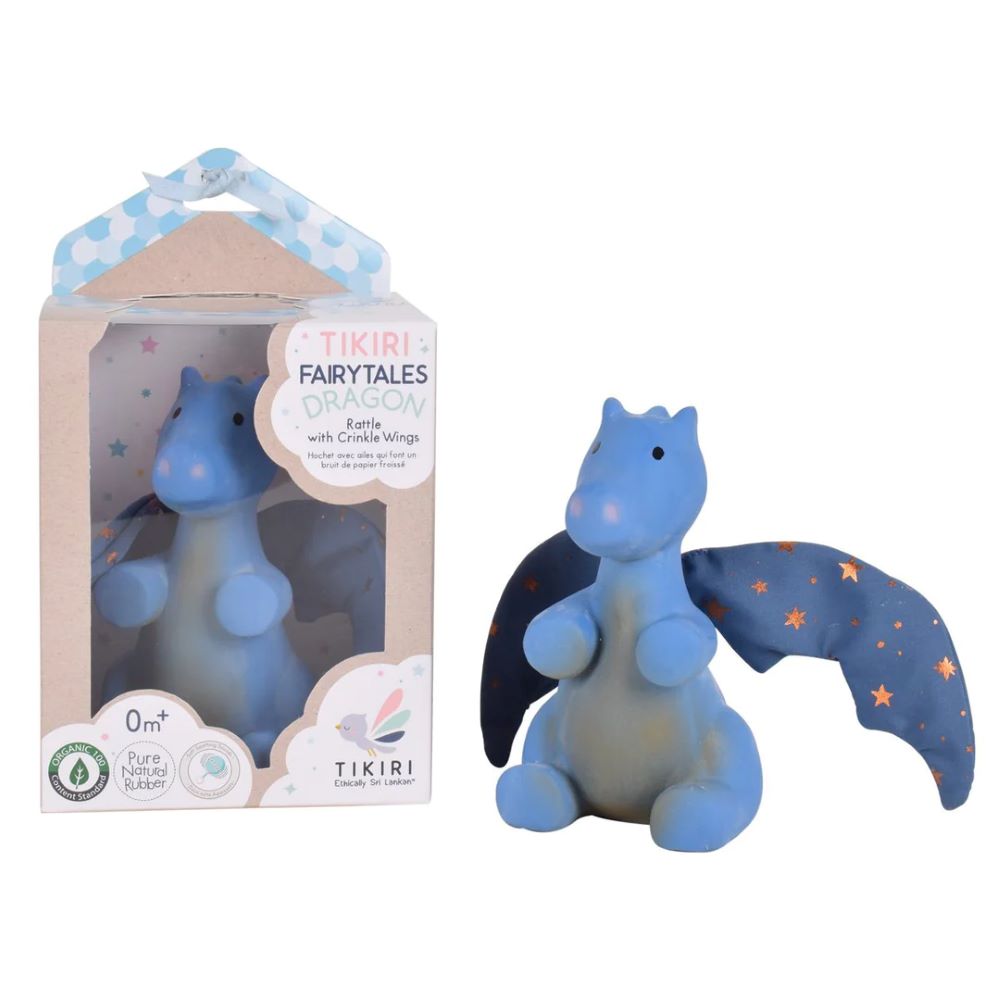 Tikiri Baby Midnight Dragon - Natural Rubber Rattle With Crinkle Wings In Box 95513