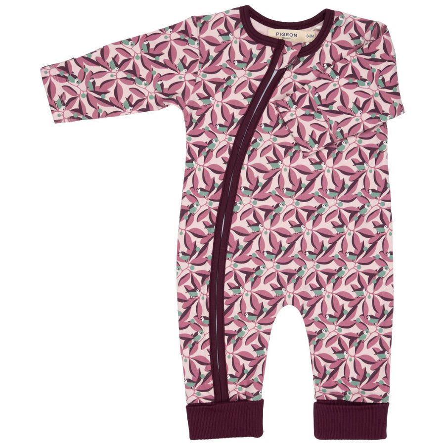 Pigeon Organics Zip Romper (Aop) - Birds - Pink