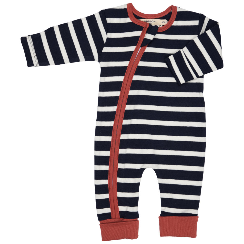 Pigeon Organics Zip Romper (Breton Stripe) - Navy/White