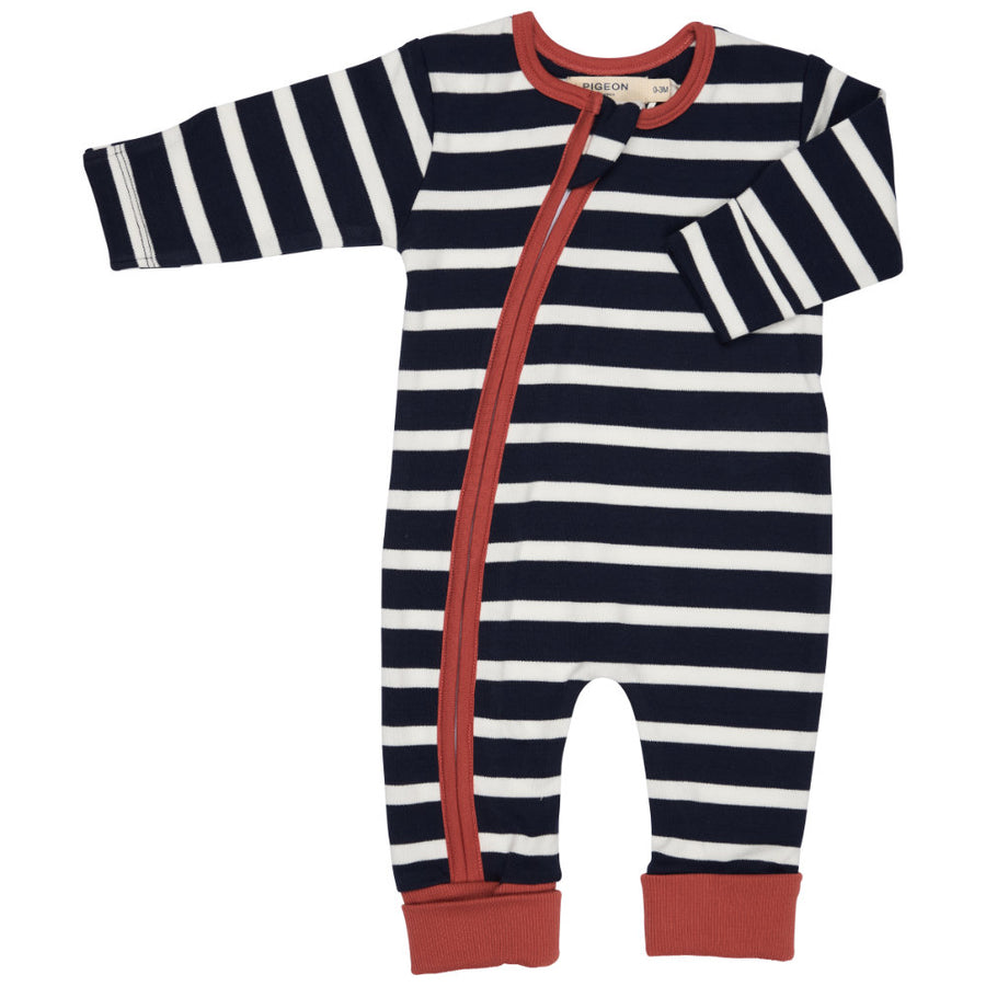 Pigeon Organics Zip Romper (Breton Stripe) - Navy/White