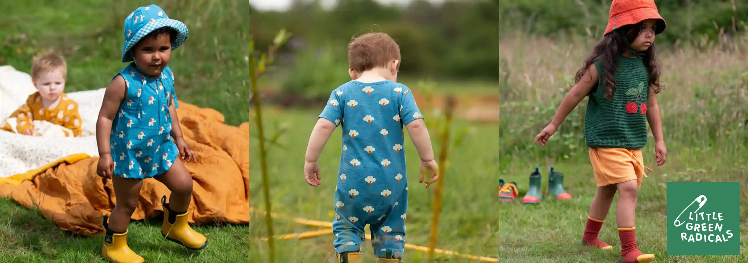 Collage of children in colorful outfits playing outdoors with a visible brand logo.