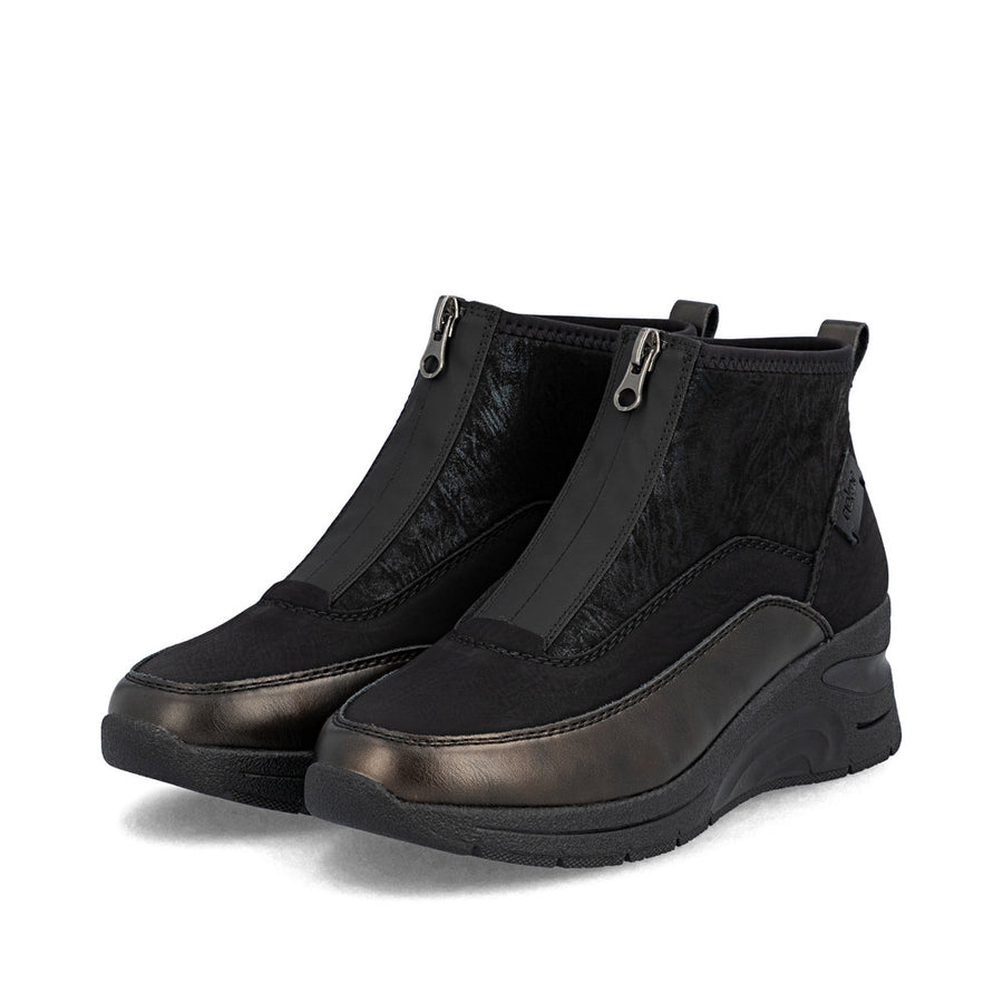 Rieker N9362-01 Womens Zip Front Black Wedge Boots