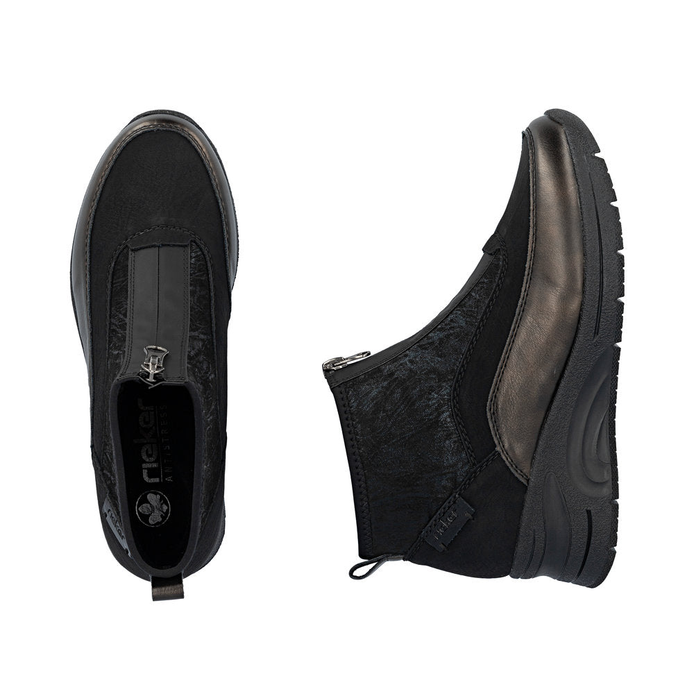 Rieker N9362-01 Womens Zip Front Black Wedge Boots