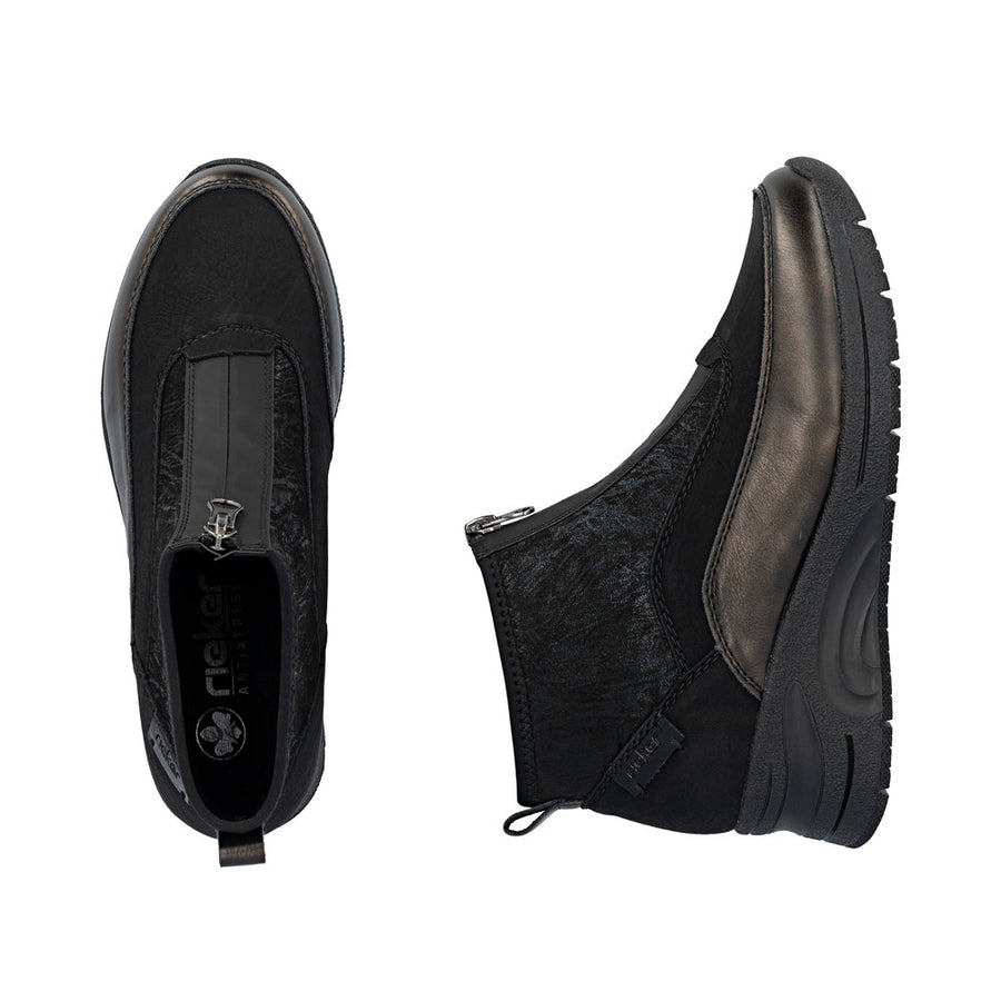 Rieker N9362-01 Womens Zip Front Black Wedge Boots