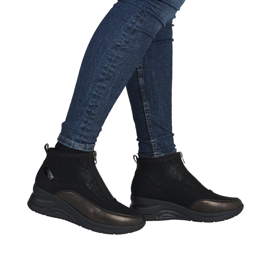 Rieker N9362-01 Womens Zip Front Black Wedge Boots