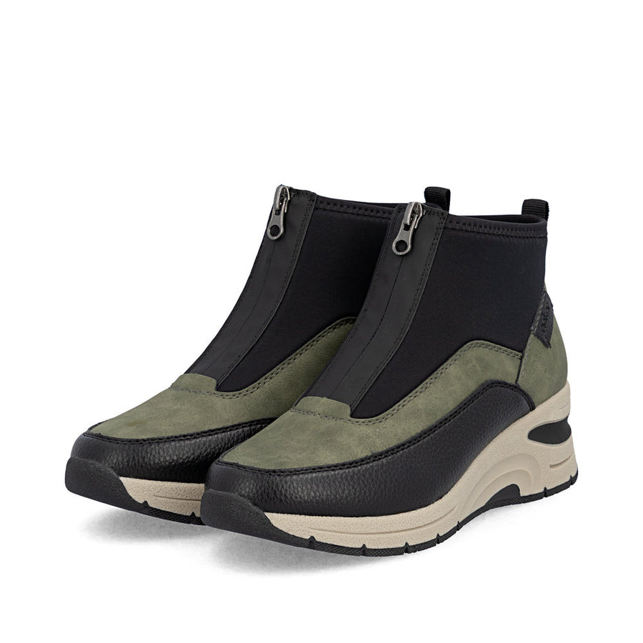 Rieker N9362-54 Womens Zip Front Green/Black Wedge  Boots
