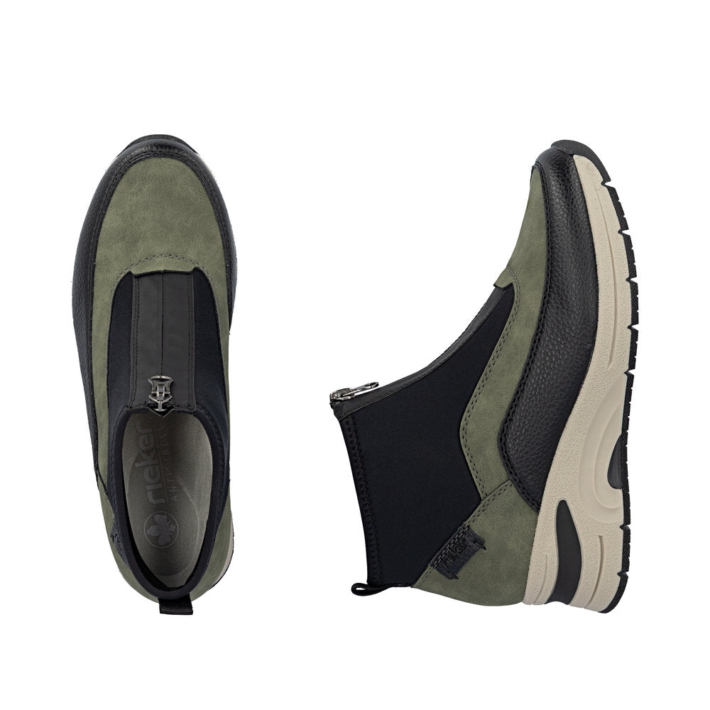 Rieker N9362-54 Womens Zip Front Green/Black Wedge  Boots