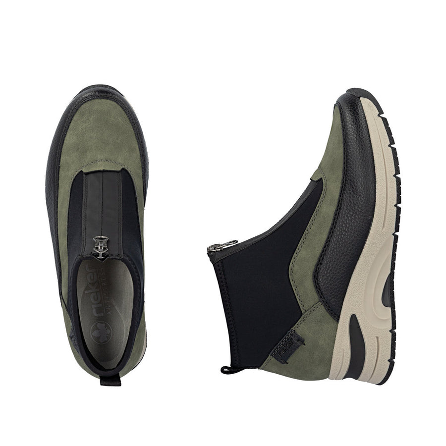 Rieker N9362-54 Womens Zip Front Green/Black Wedge  Boots