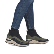 Rieker N9362-54 Womens Zip Front Green/Black Wedge  Boots