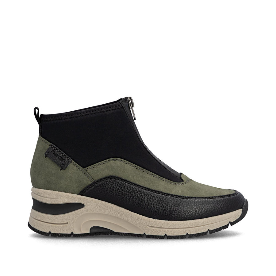 Rieker N9362-54 Womens Zip Front Green/Black Wedge  Boots