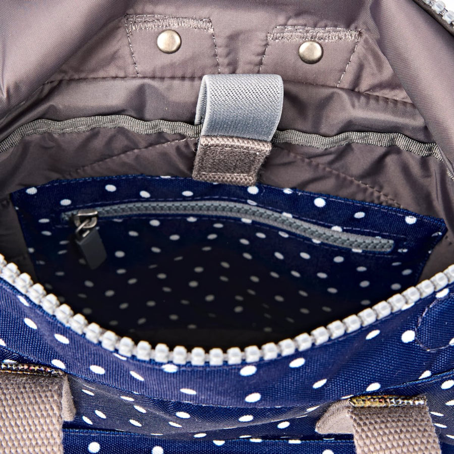 Canfield Small Backpack in Navy Polka Dot Canvas