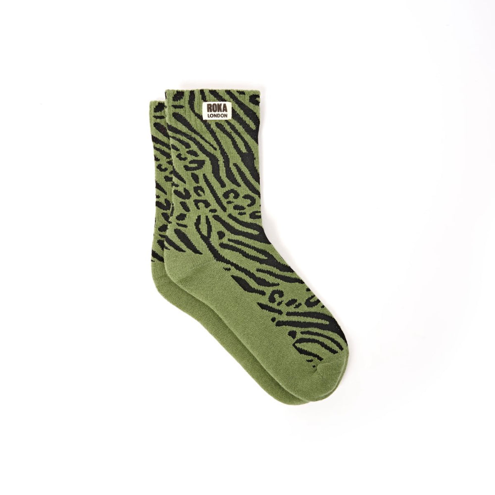 Wimbledon Crew Socks for Women in Mixed Animal Artichoke Organic Cotton