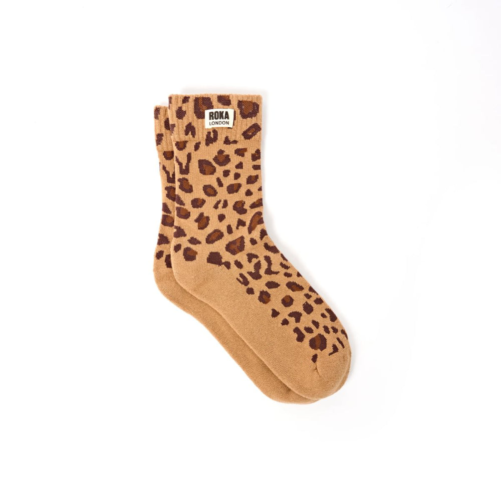 Wimbledon Crew Socks for Women in Savannah Leopard Sand Organic Cotton