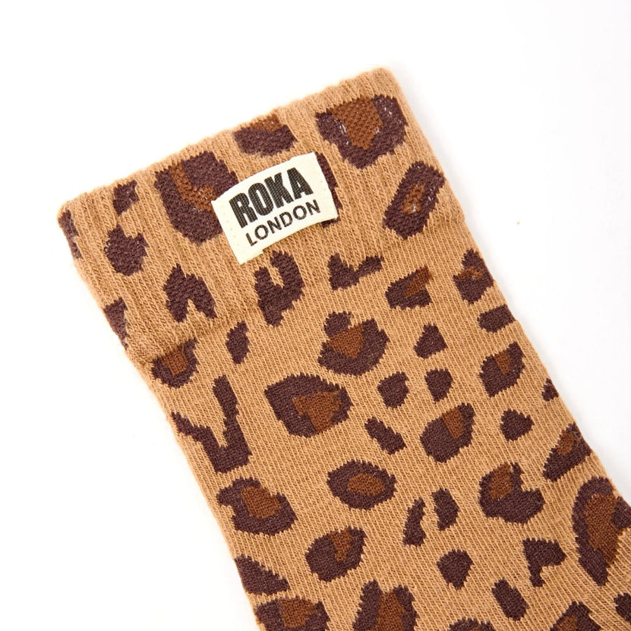 Wimbledon Crew Socks for Women in Savannah Leopard Sand Organic Cotton