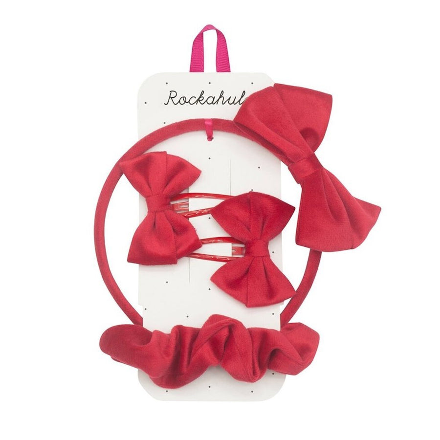 Rockahula Velvet Bow School Hair Set Red- HBTS200R