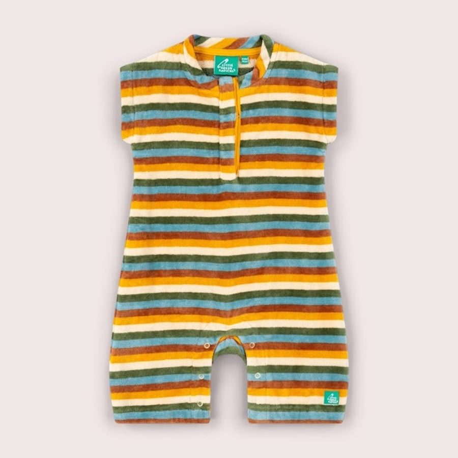 Little Green Radicals Rainbow Striped Baby Towelling Romper - Rainbow Stripe
