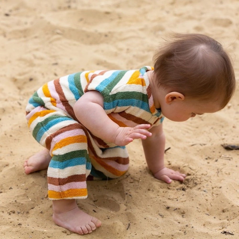 Little Green Radicals Rainbow Striped Baby Towelling Romper - Rainbow Stripe
