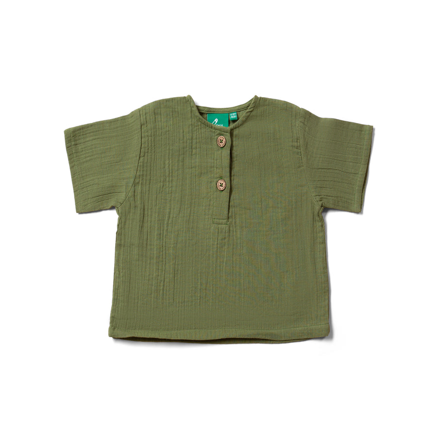 Little Green Radicals Chive Green Muslin Loose Fit Short Sleeve Henley Top - Chive Green