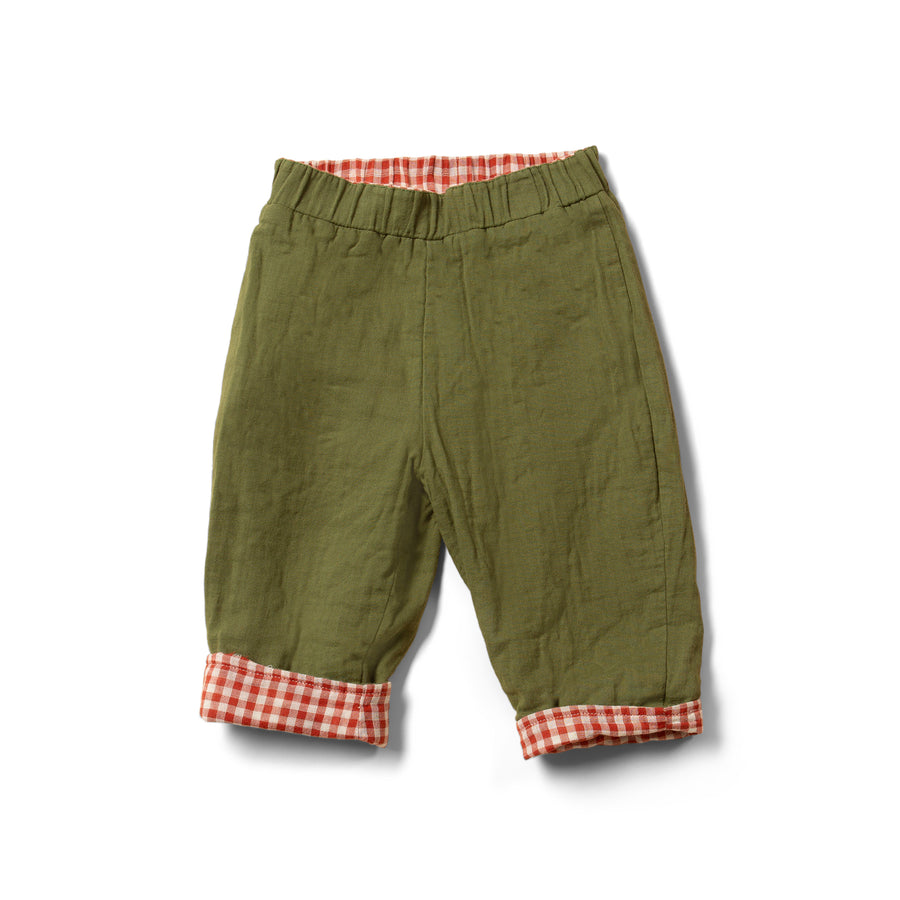 Little Green Radicals Little Red Checked Reversible Pull On Trousers - Red Checked & Green