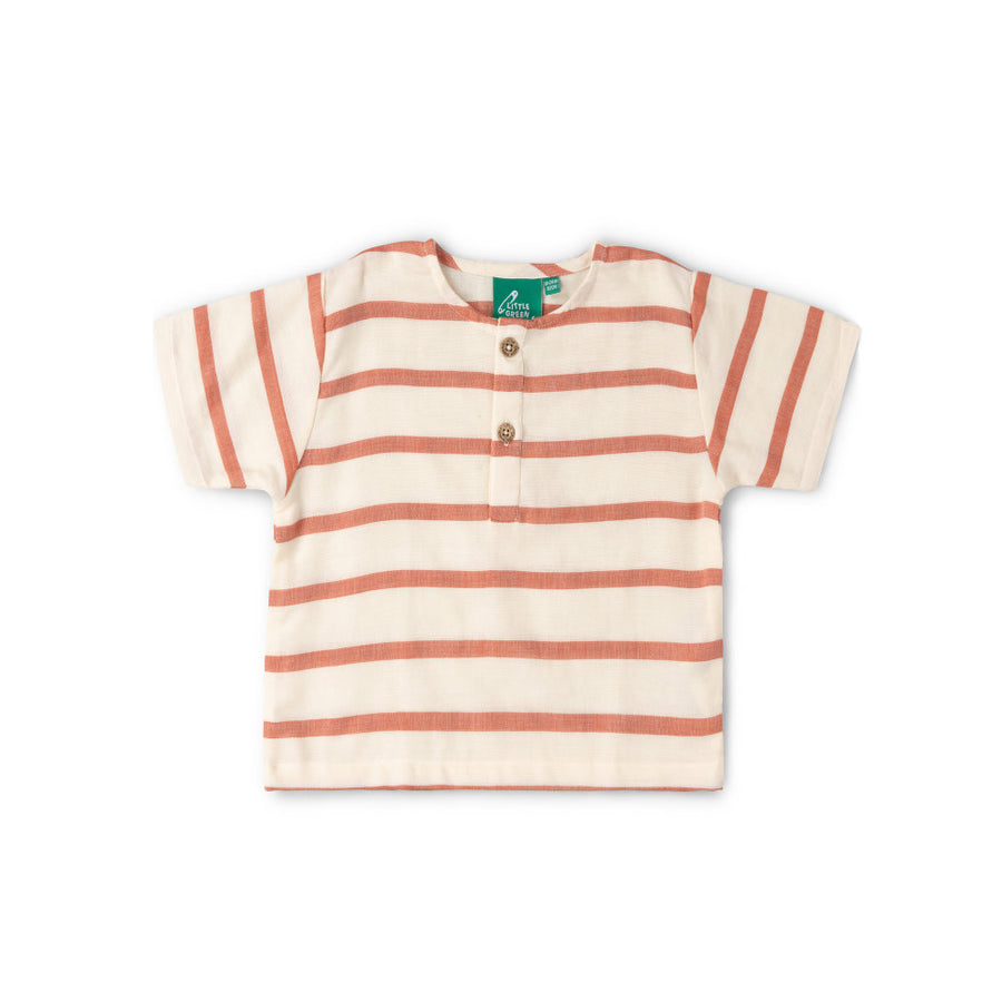 Little Green Radicals Vintage Red Stripe Loose Fit Short Sleeve Henley Top - Red