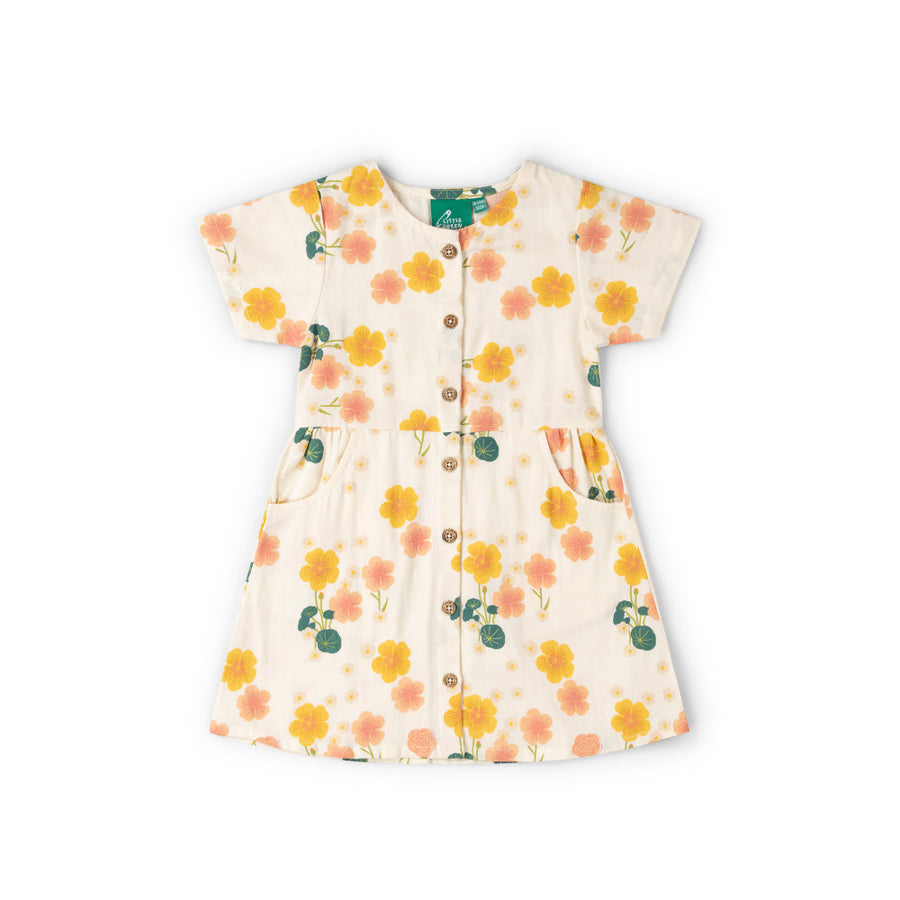 Little Green Radicals Flora Button Through Short Sleeve Dress - Cream
