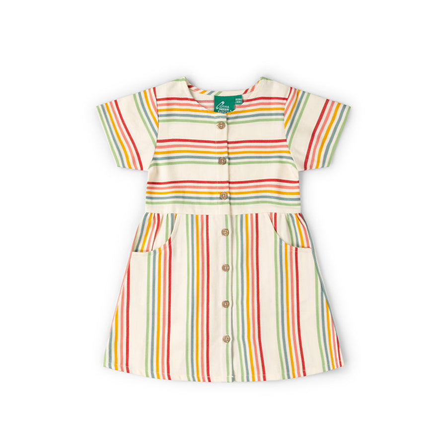 Little Green Radicals Cream Rainbow Button Through Short Sleeve Dress - Multi