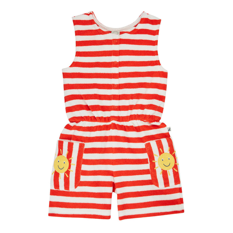 Frugi Harlyn Towelling Playsuit - Papaya Stripe/Sun