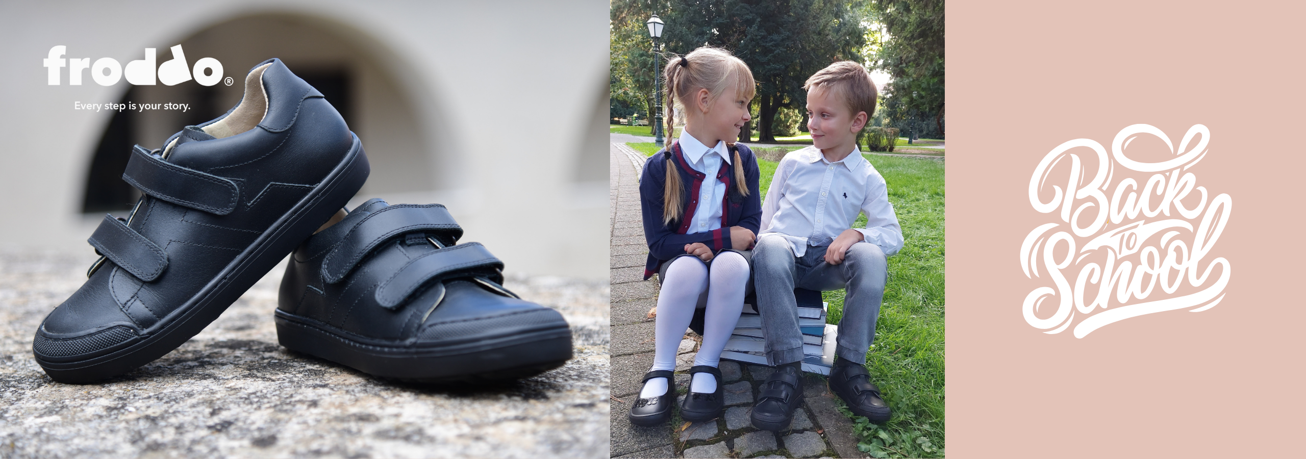 Image of children wearing Froddo school shoes, with the text 'back to school'