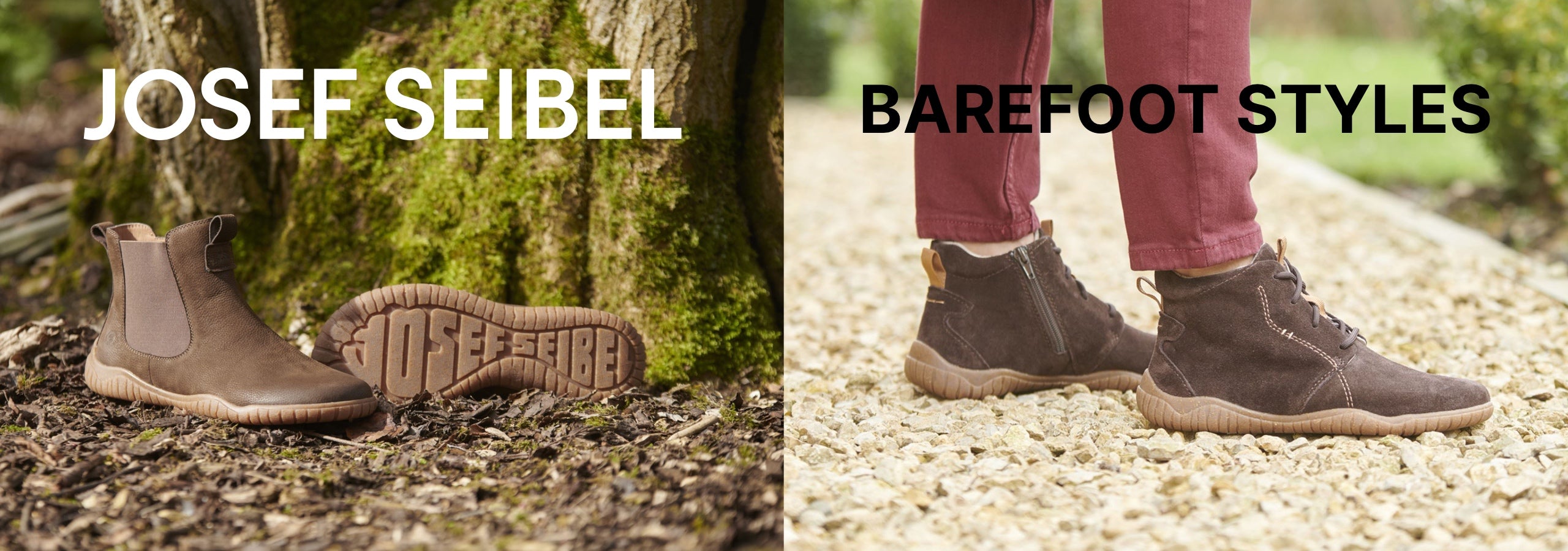 two pairs of josef seibel barefoot style shoes, one showing the detailed sole, the other standing on gravel