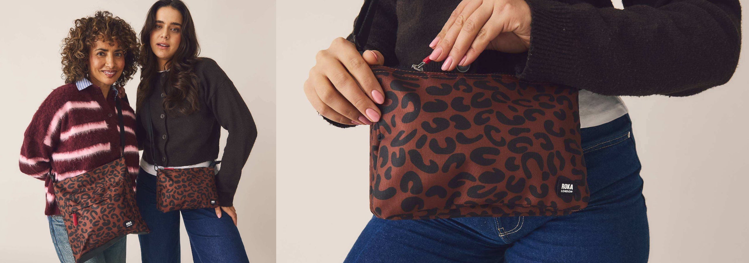 two women wearing roka bags and a close up of one of the bags being unzipped
