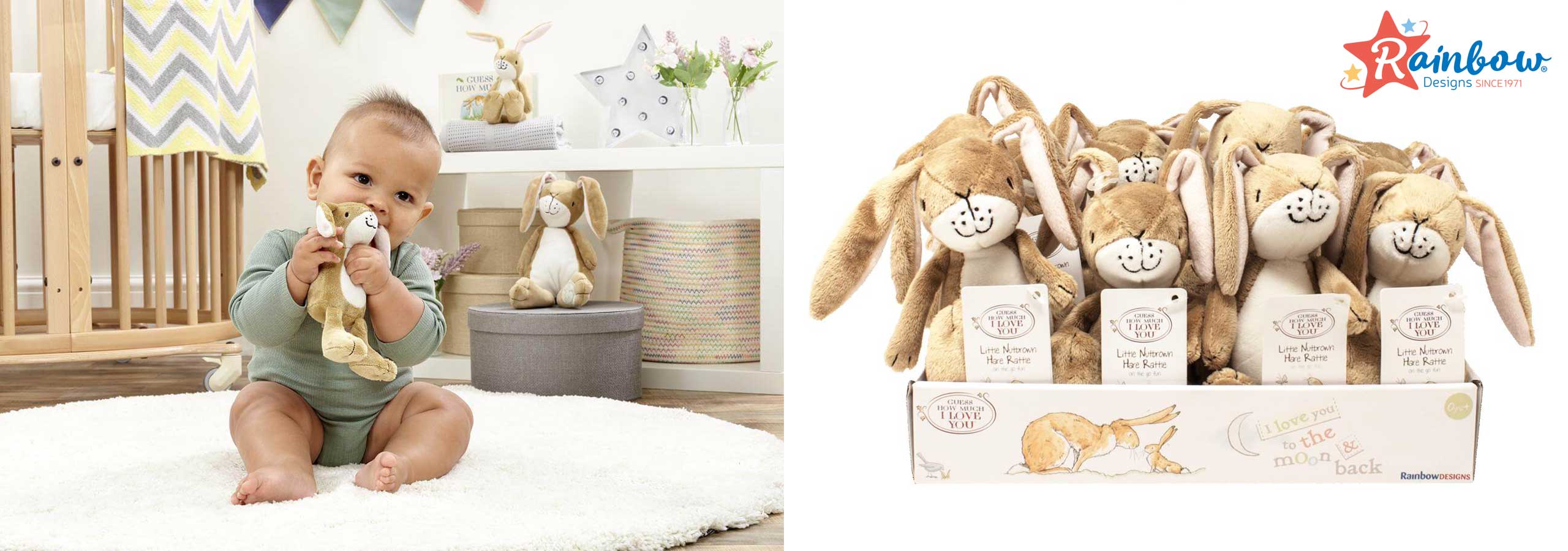baby with soft toys by rainbow designs