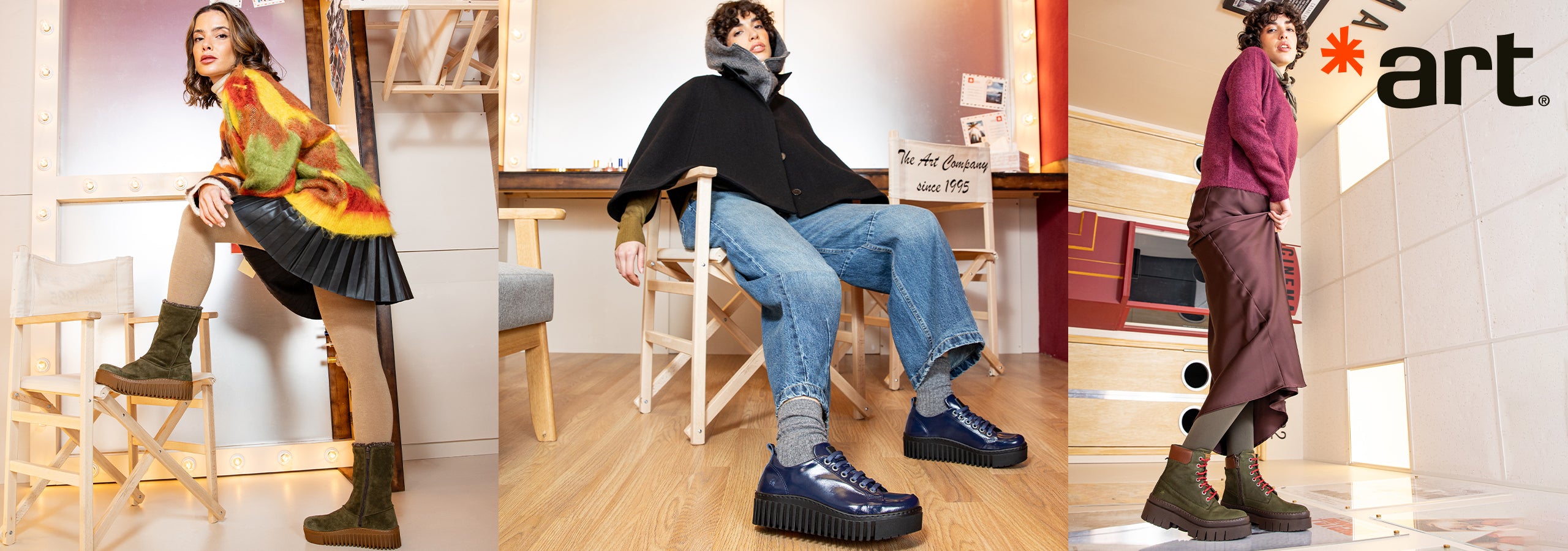 The Art Company Logo alongside 3 images of women wearing Art Company shoes and boots