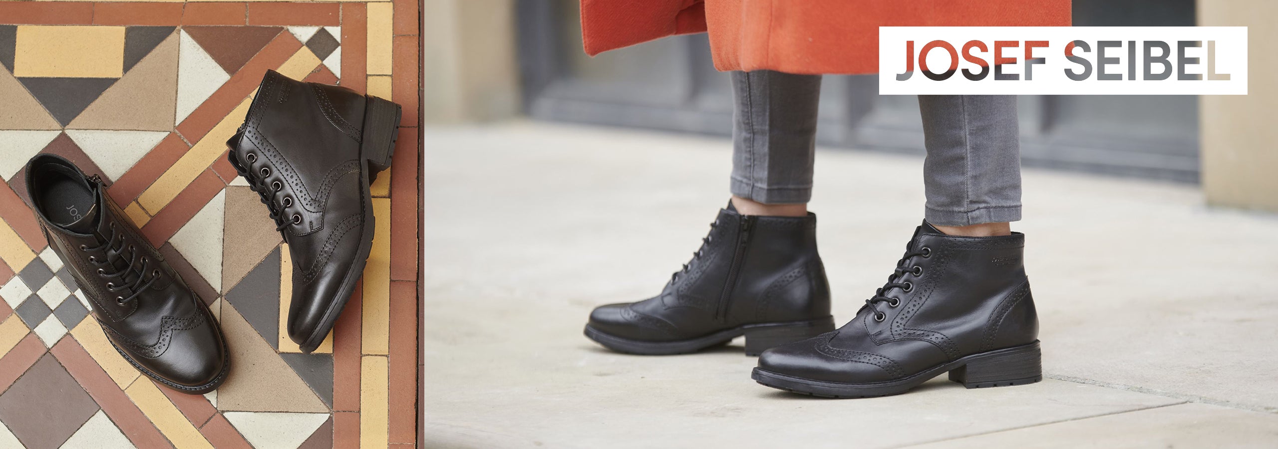 Josef Seibel logo alongside an image of a woman's feet wearing Josef Seibel boots, and a shot of some black Josef Seibel boots on a tiled floor