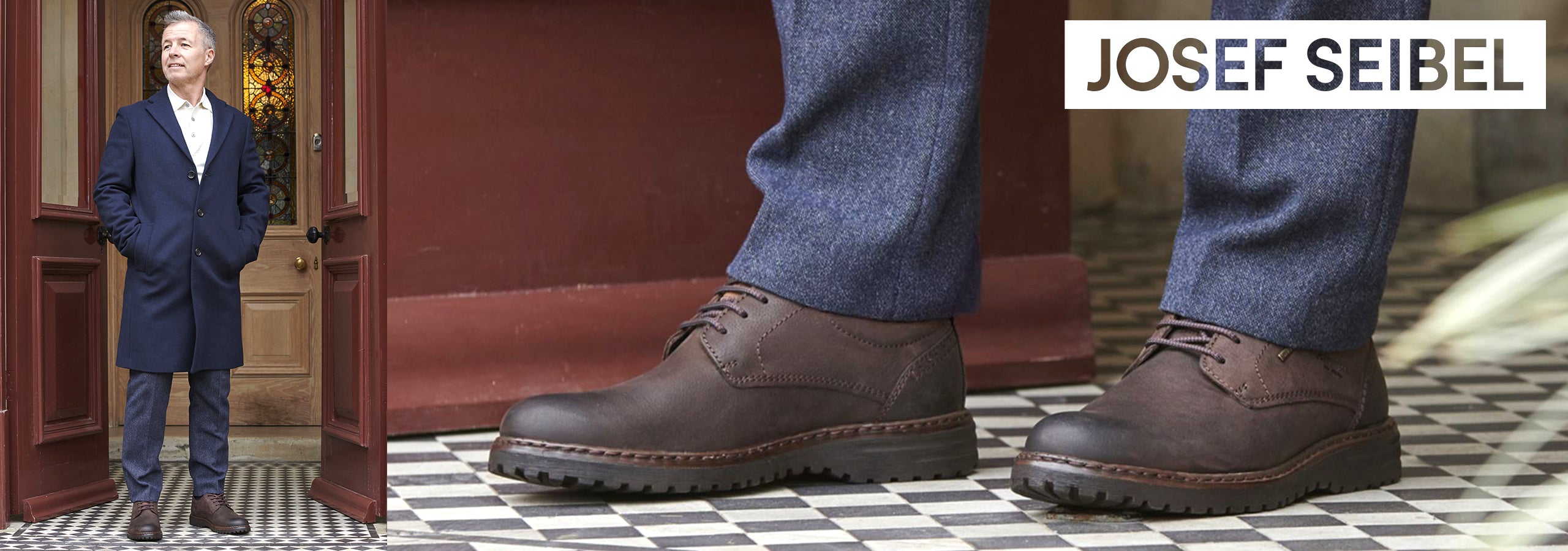 Image of a man wearing Josef Seibel boots alongside the Josef Seibel logo