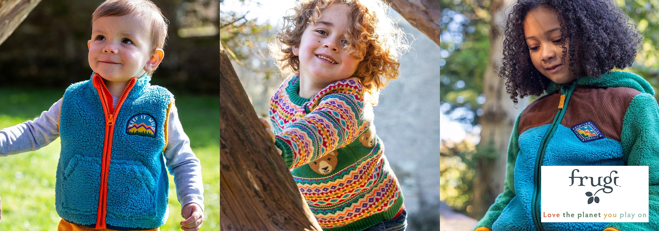 Frugi - Image of three children playing wearing Frugi clothes, alongside the Frugi logo