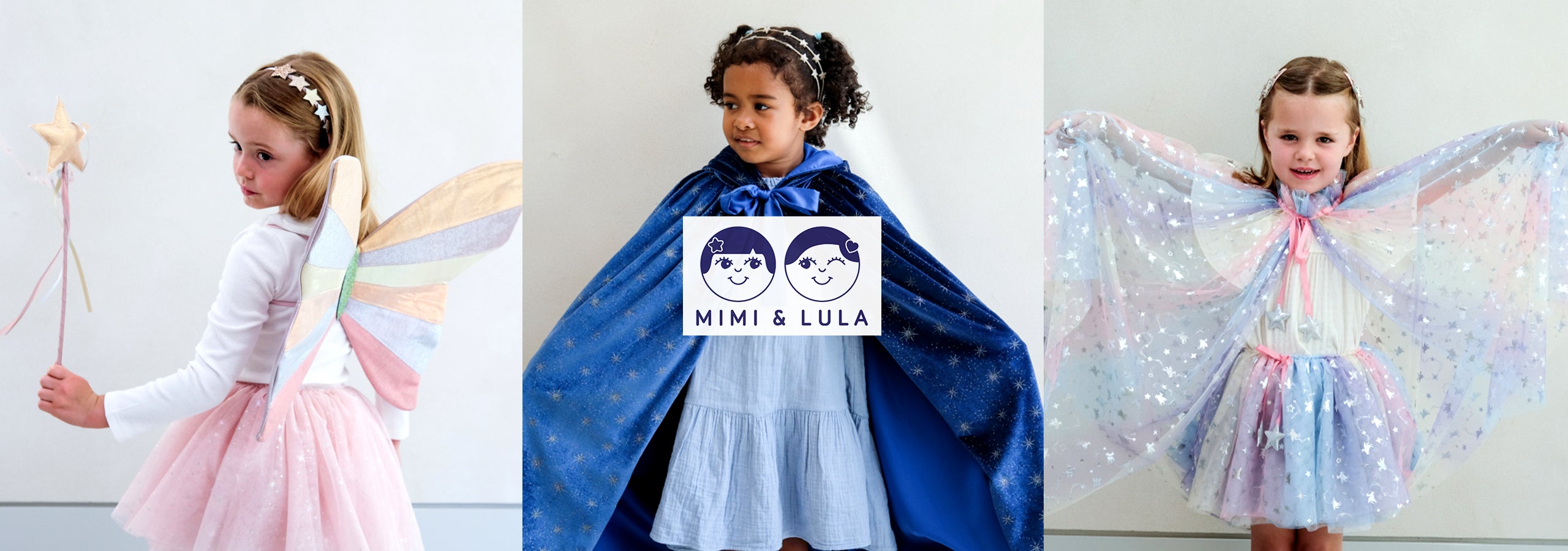 Mini & Lula - three images of little girls wearing dressing up clothes, alongside the Mimi & Lula logo