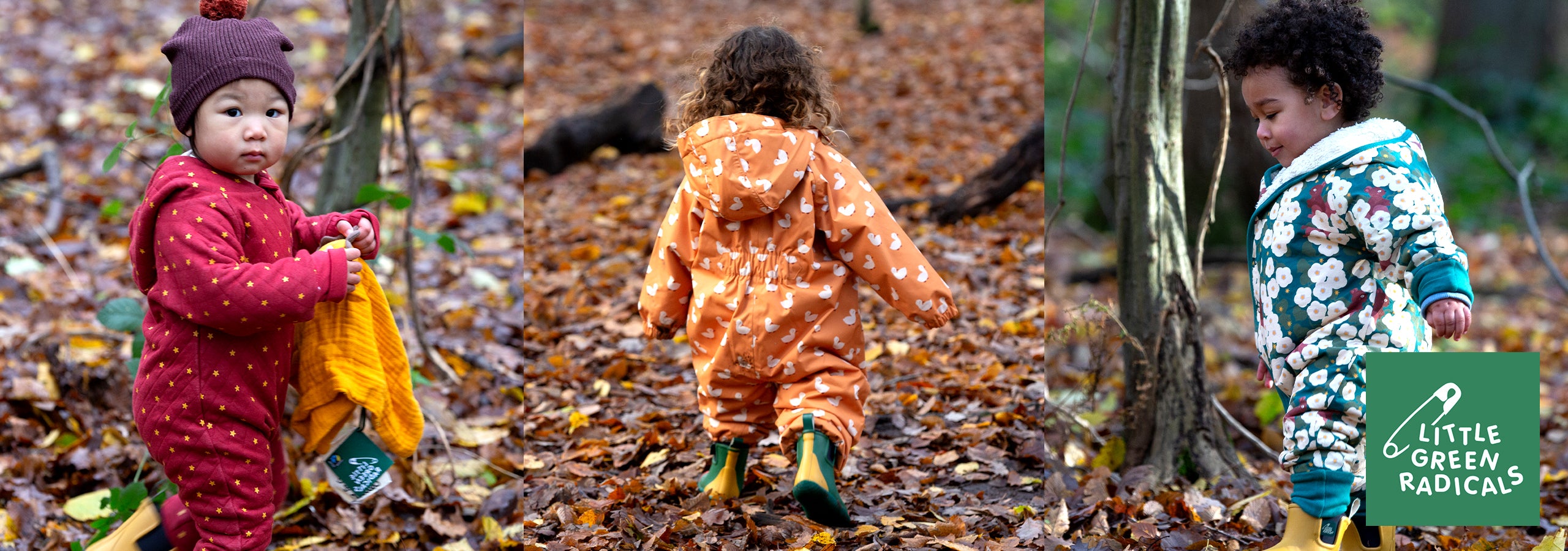 Image of three toddlers wearing Little Green Radicals outdoor clothes and rompers