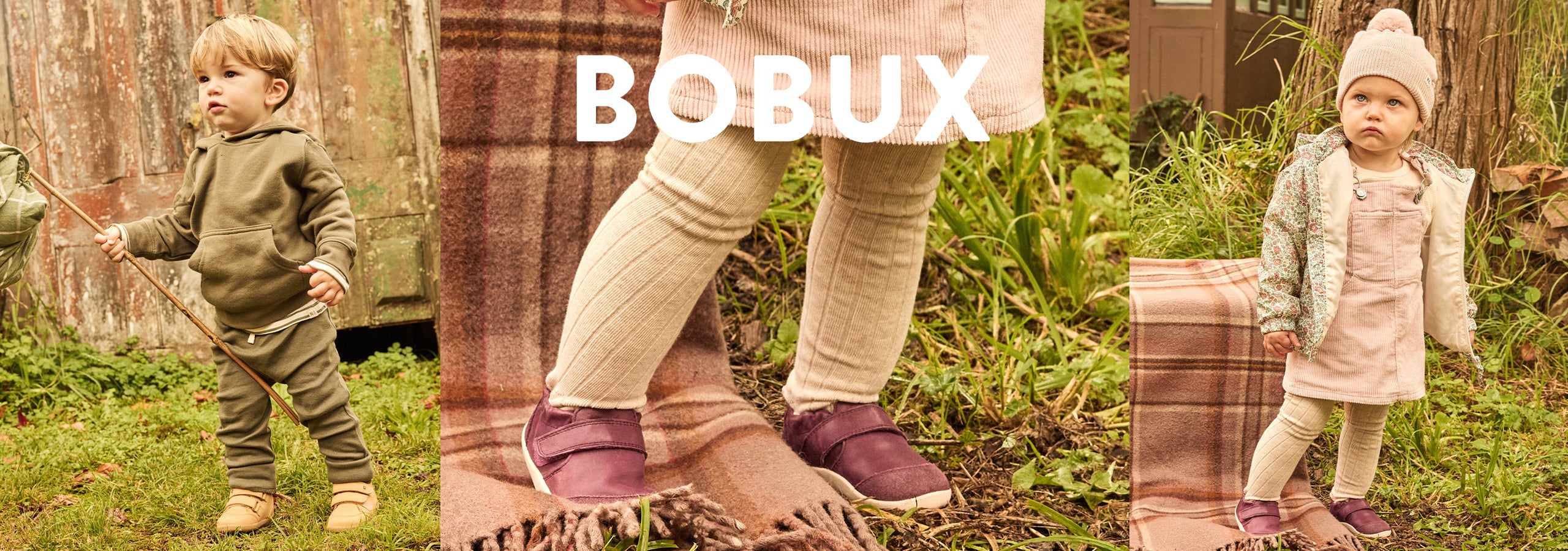 Images of a boy and girl wearing Bobux shoes, alongside the Bobux logo