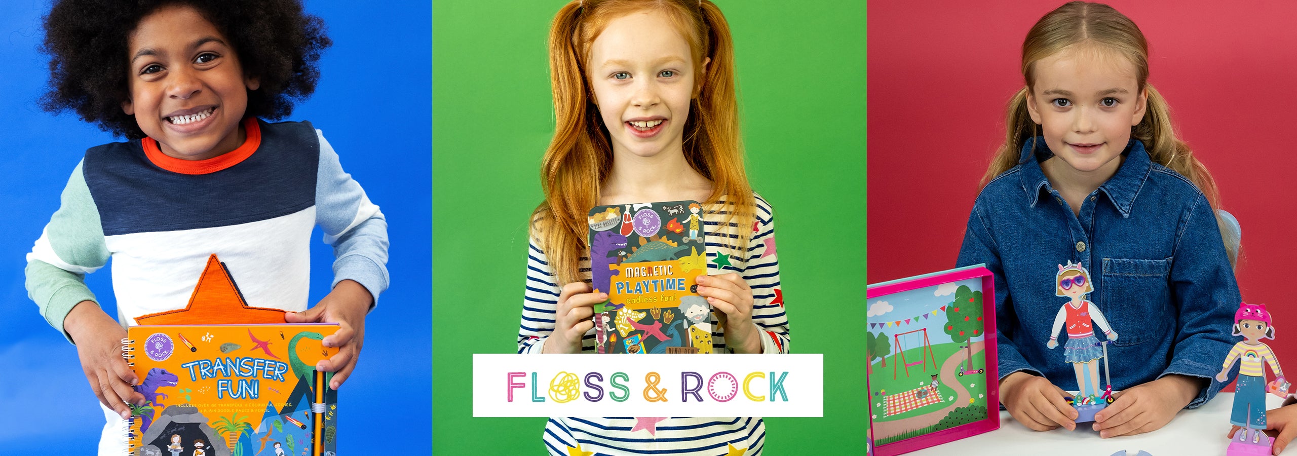 Image of three children playing with Floss & Rock books and toys, with the Floss & Rock logo