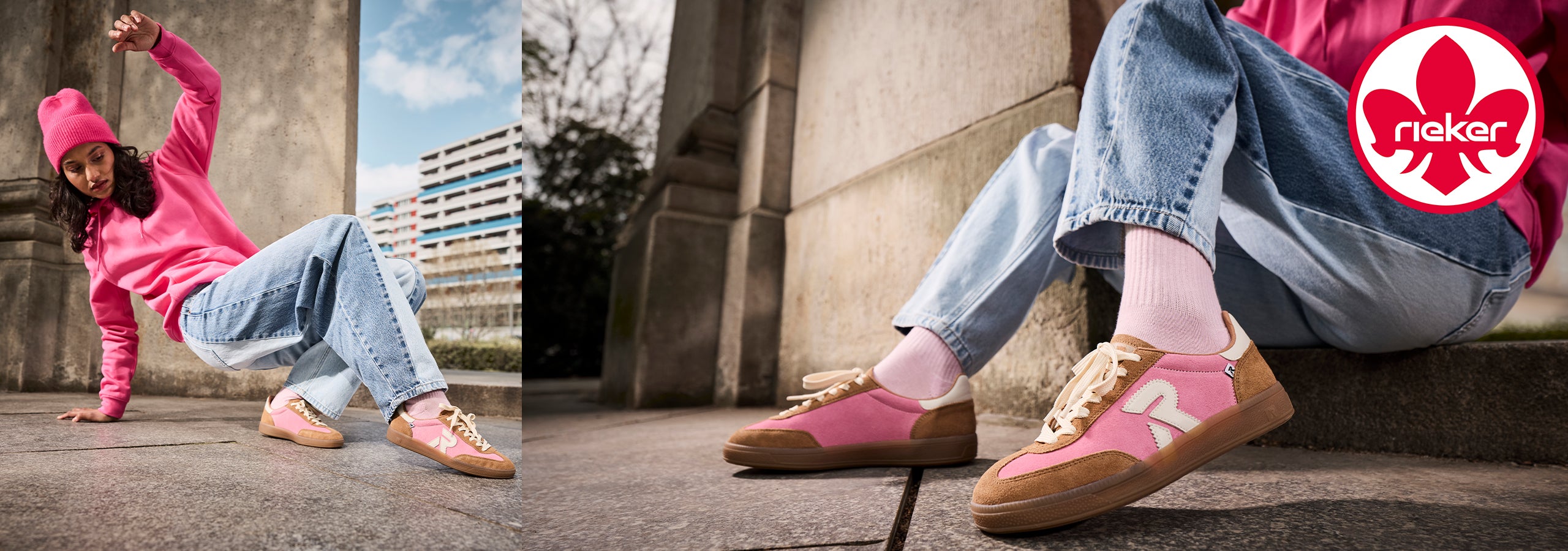 Image of a woman wearing pink Rieker trainers alongside the Rieker logo