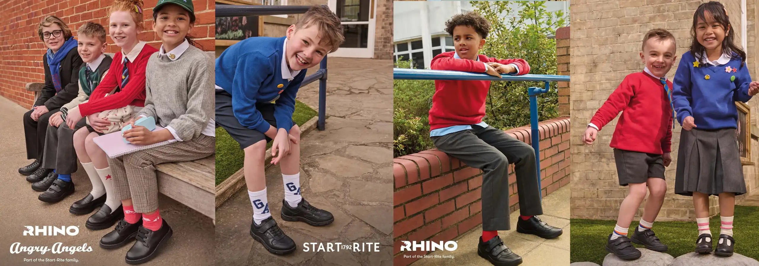 A four-panel collage showing children wearing Rhino Army-Angelo school uniform sets outdoors. The uniforms include a red long-sleeve top, navy shorts or trousers, white socks, and black shoes, with one panel featuring a navy blazer and grey skirt.