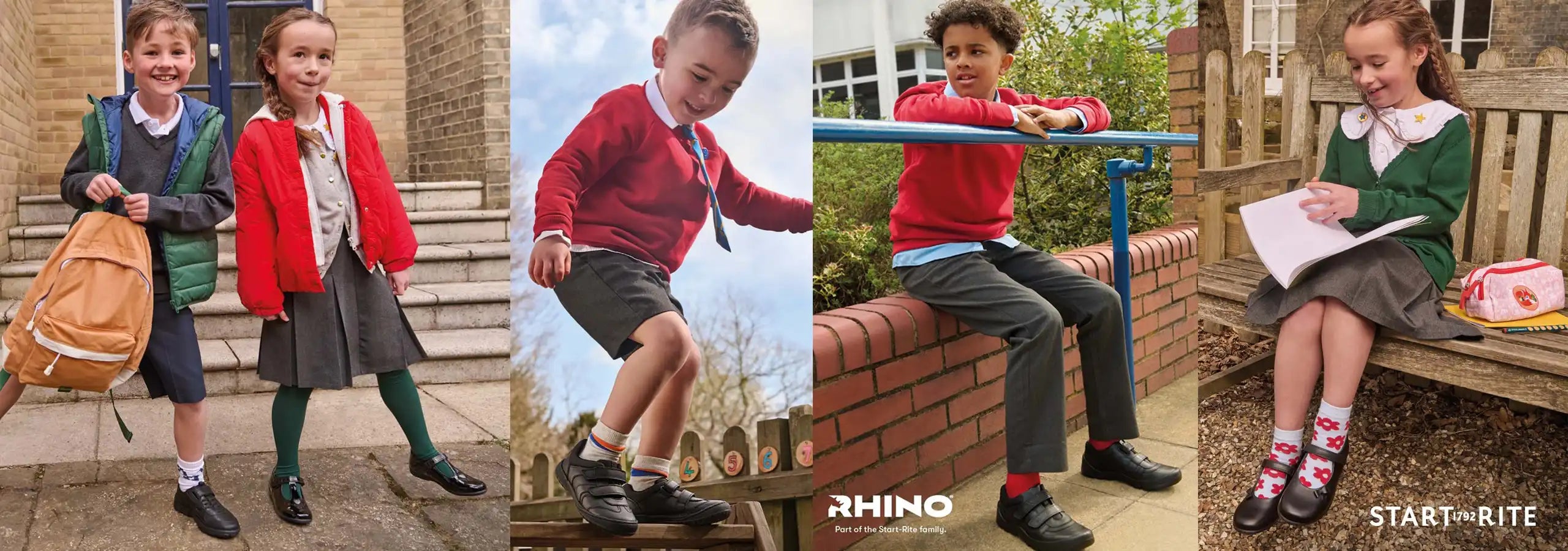 A four-panel collage showing children wearing a school uniform set from Rhino Start for Rite. The outfits include a green blazer, white collared shirt, dark pleated skirt, and dark trousers, shown in outdoor schoolyard and playground settings.
