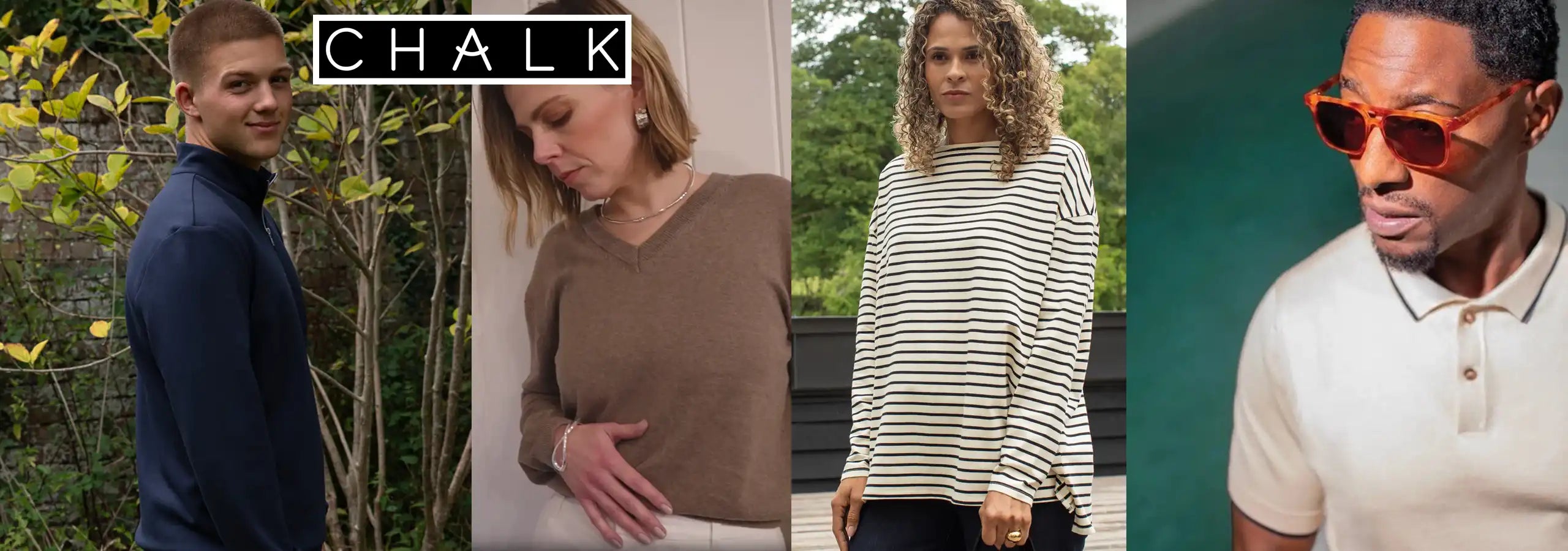 Collage of four people wearing different clothing items with 'CHALK' branding.